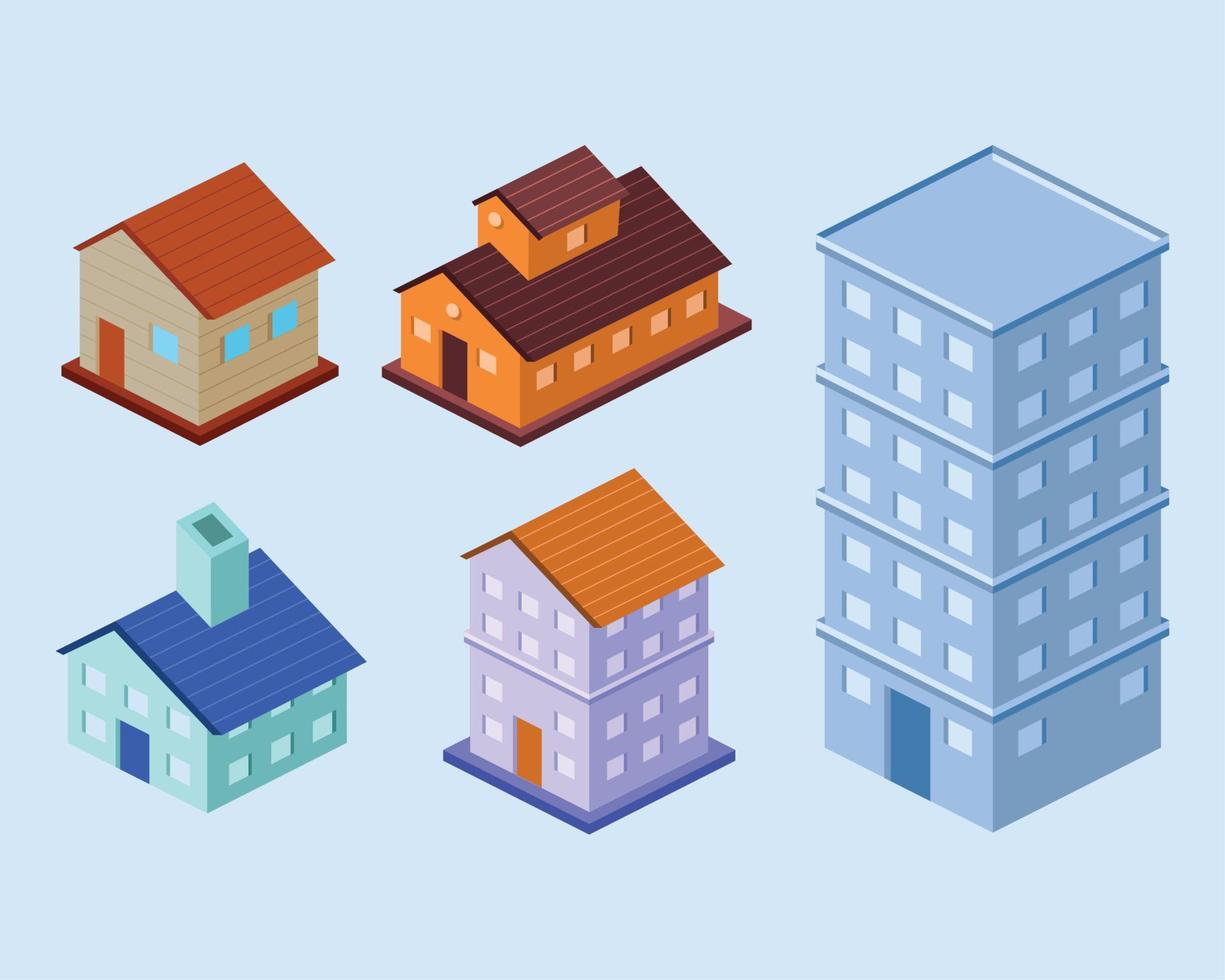 cinco iconos isométricos de bienes raíces vector