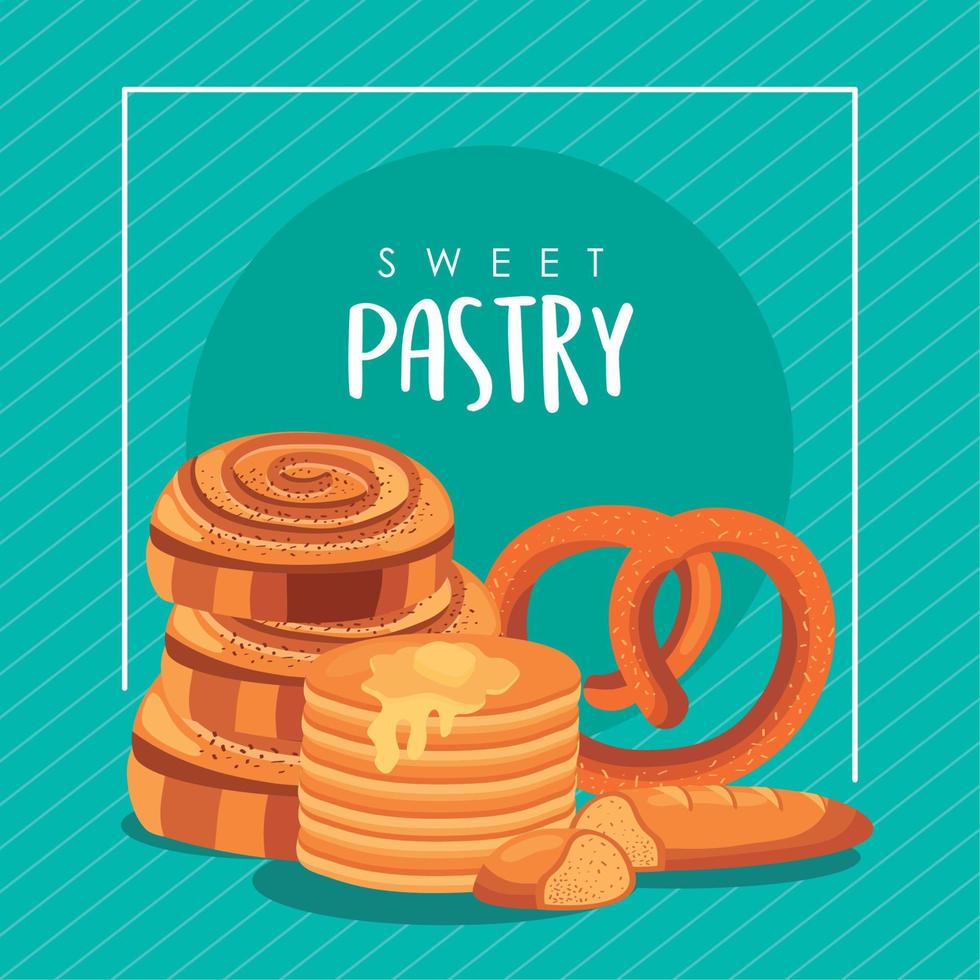 sweet pastry lettering and pancakes vector