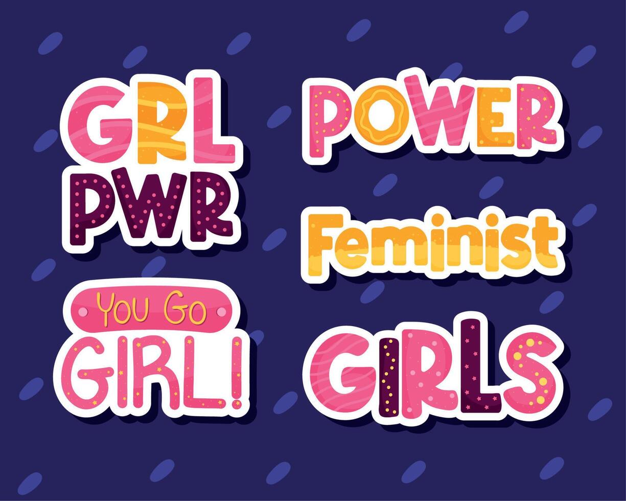 five Girl Power letterings vector