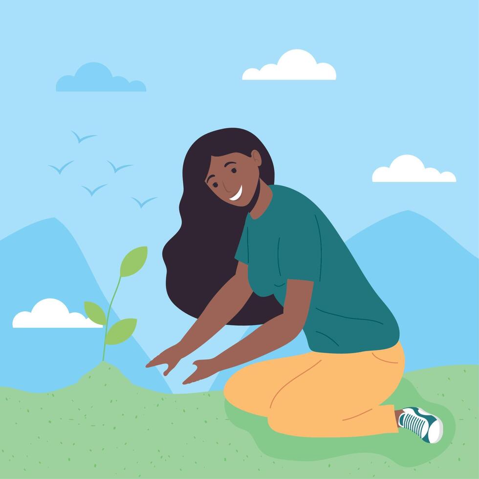 woman planting tree in park vector