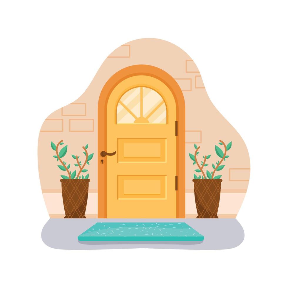 yellow door with housplants vector