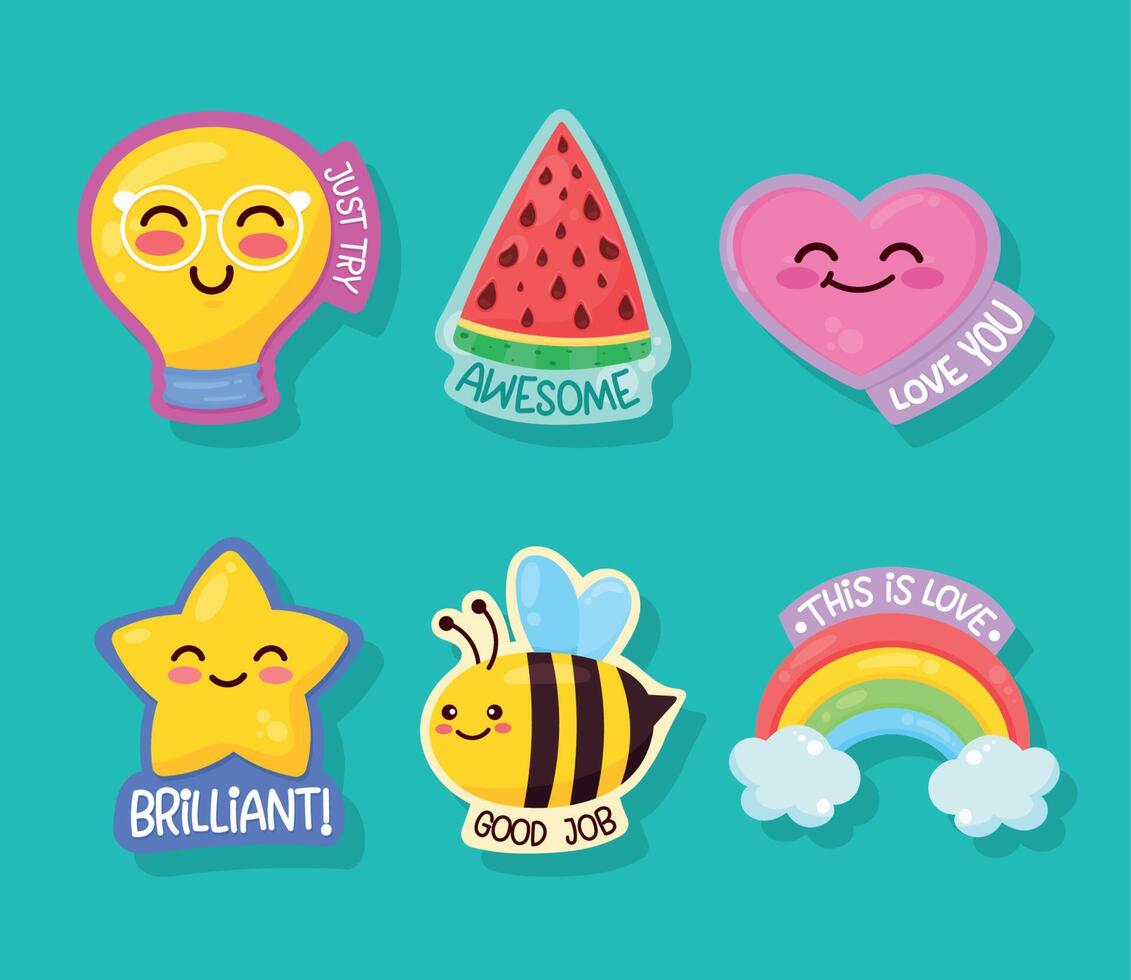 six positive messages stickers vector