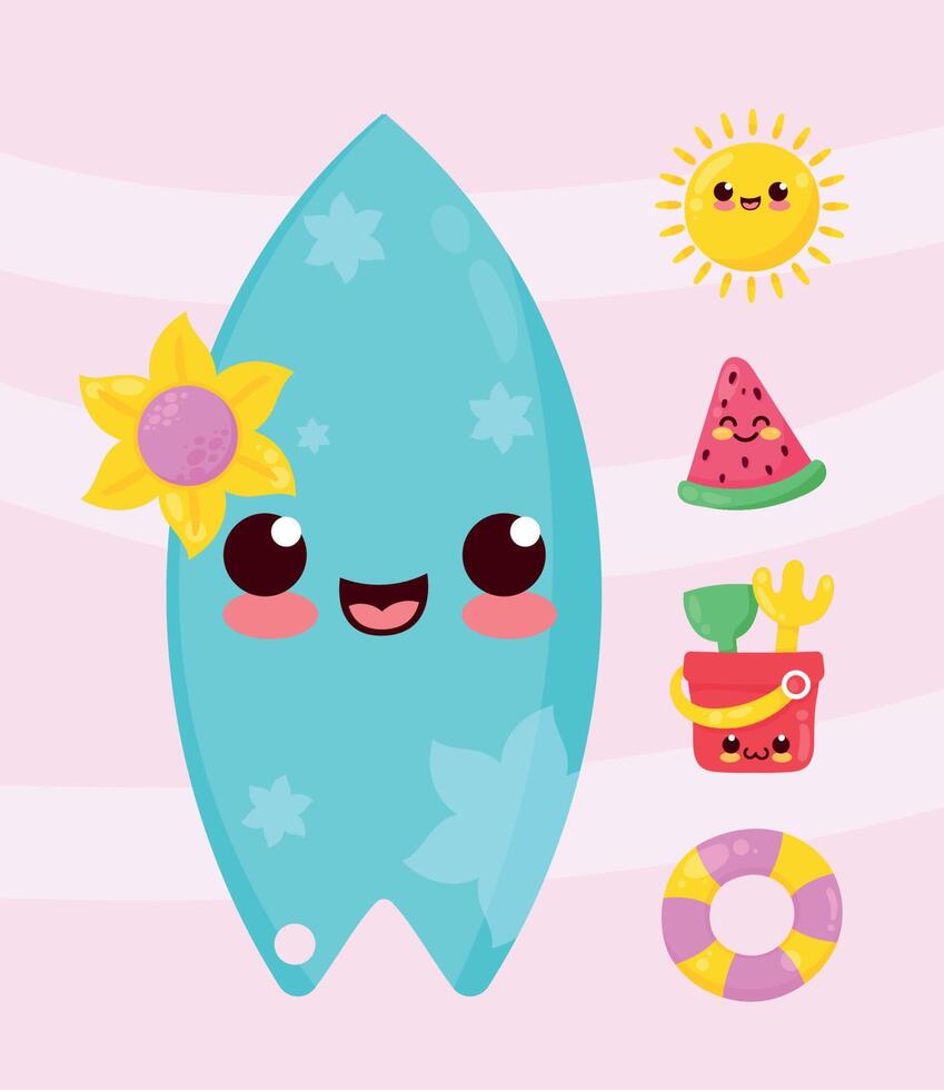 five summer kawaii designs vector