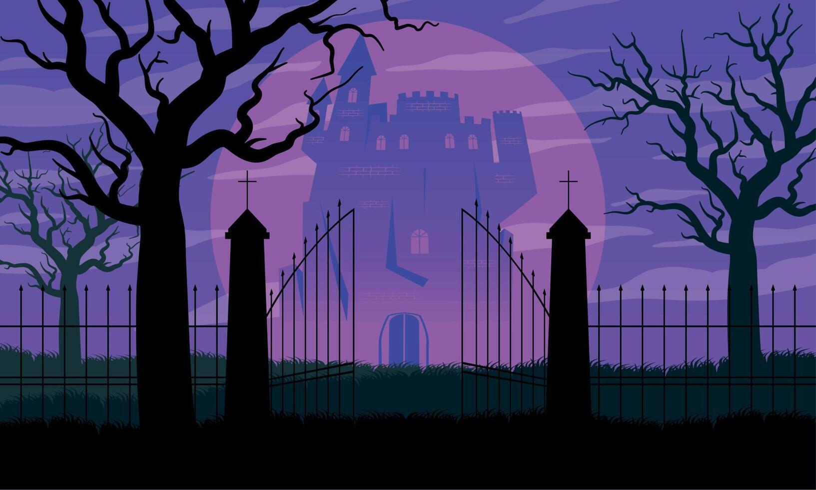 puerta y castillo oscuro de halloween vector