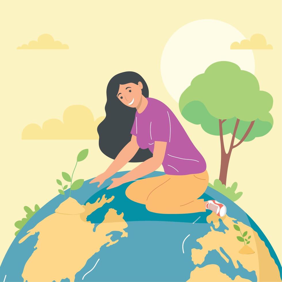 woman plant tree on the planet vector