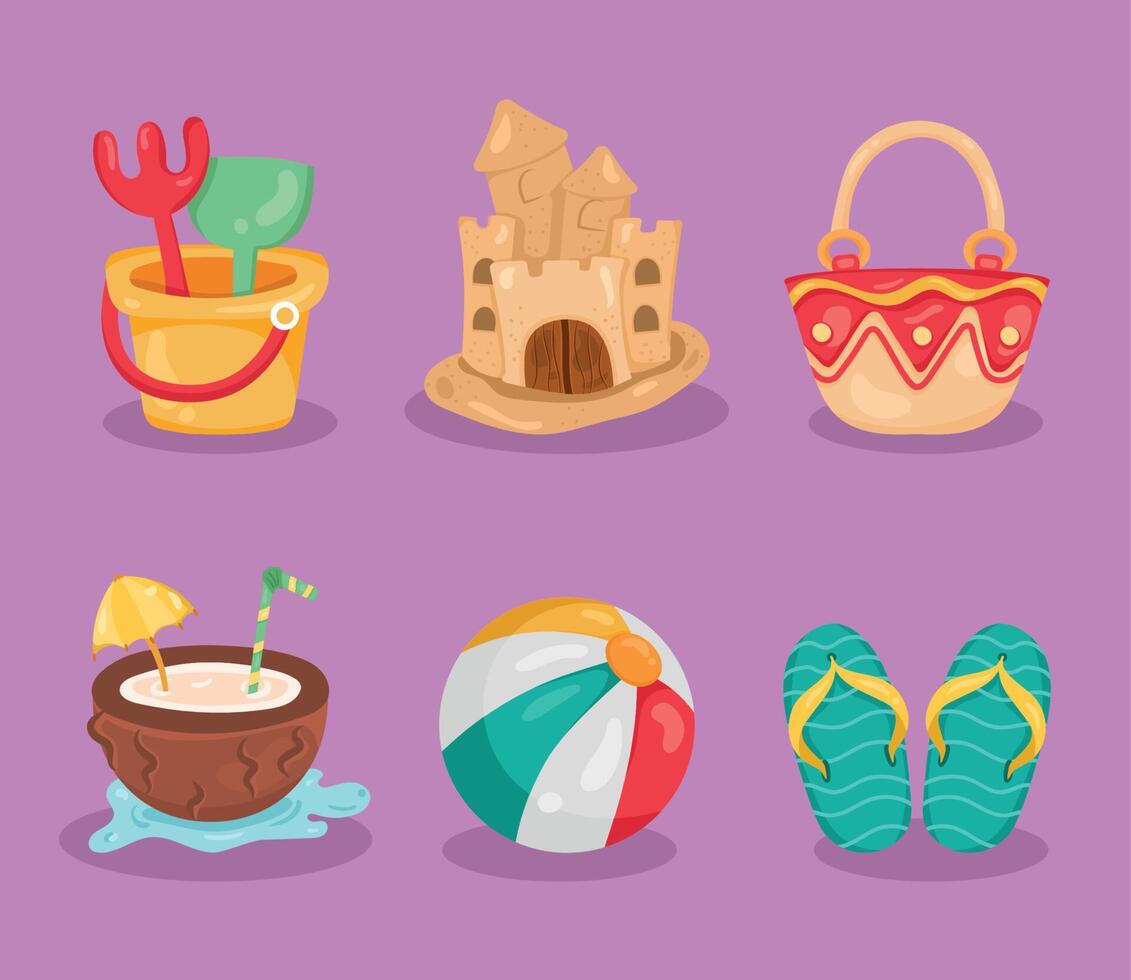 seis iconos de vacaciones de verano vector