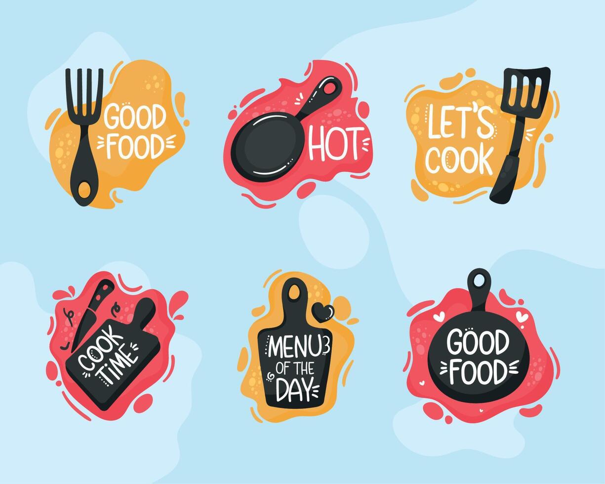 six restaurant letterings icons vector