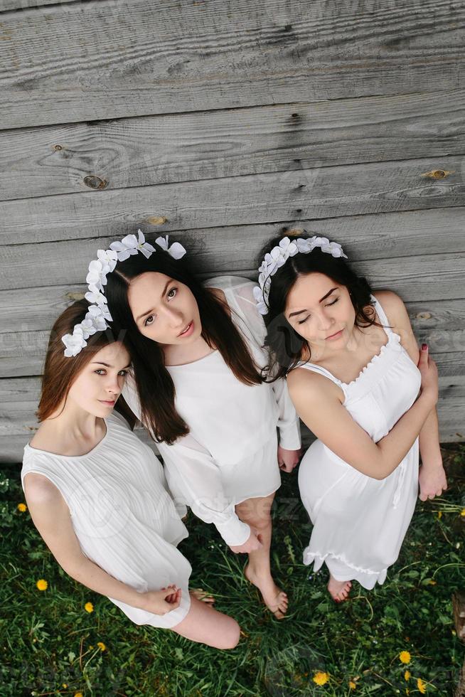 Three charming girls  near a wooden house photo