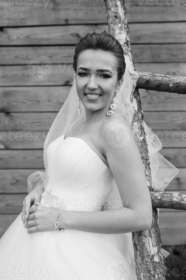 young beautiful Bride standing at the ladder photo