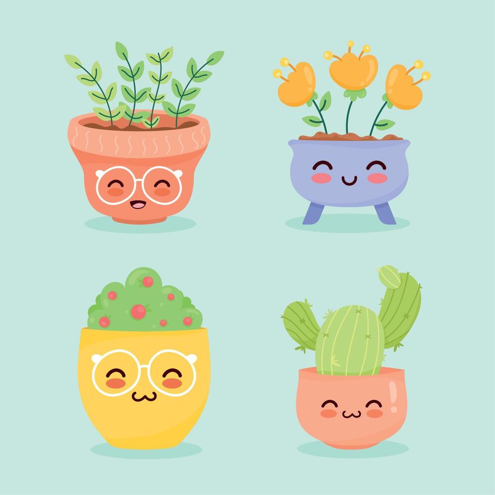 four kawaii plants icons vector