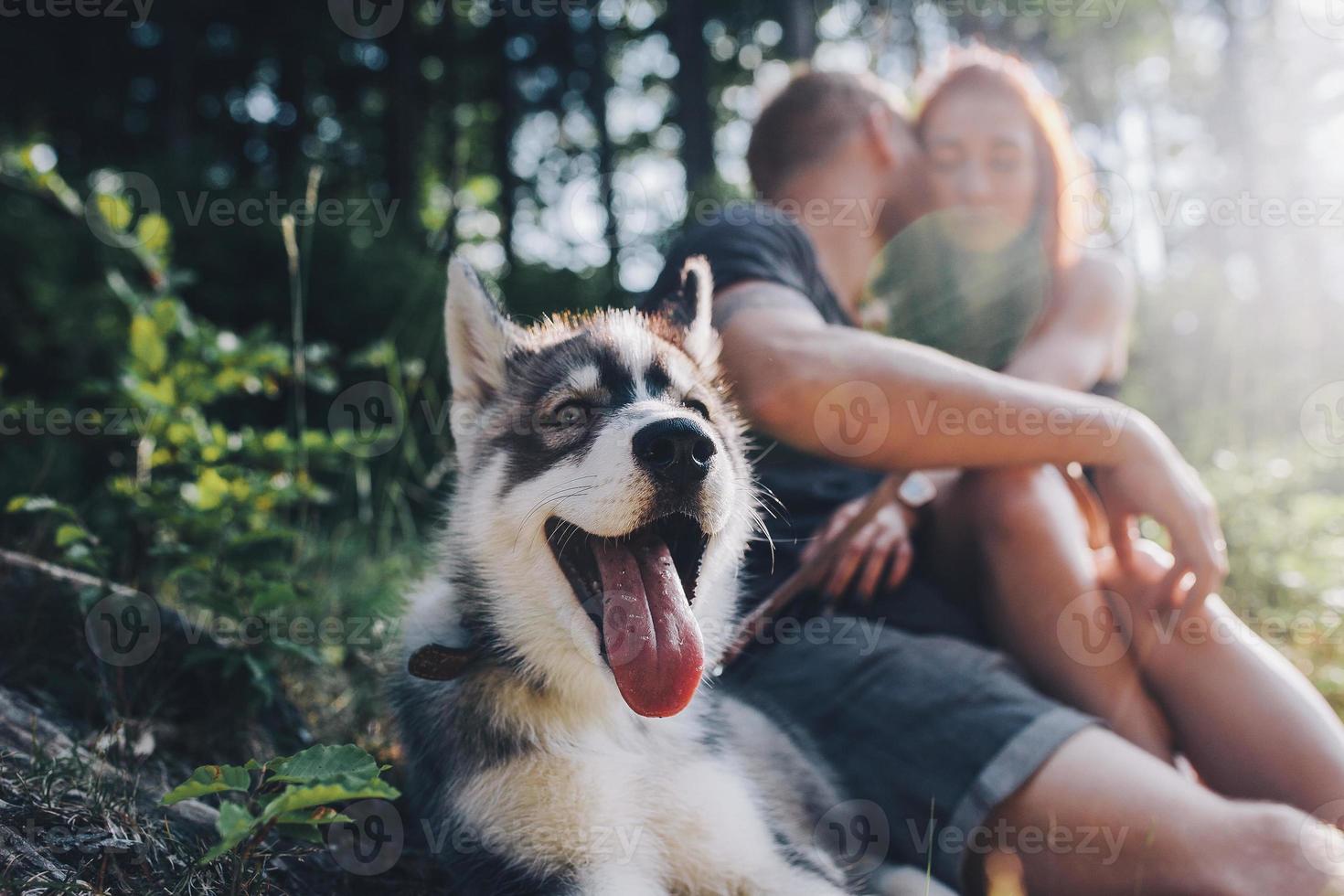 beautiful couple resting in the forest photo