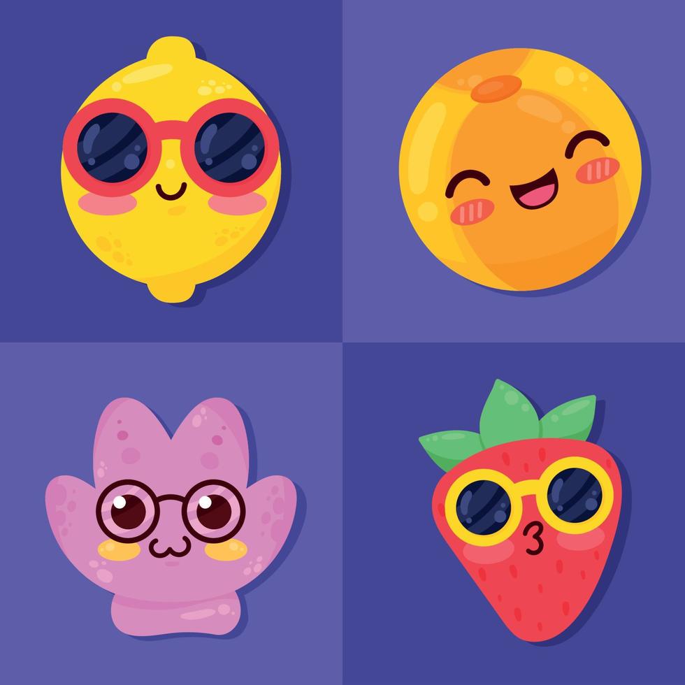 cuatro iconos kawaii de verano vector