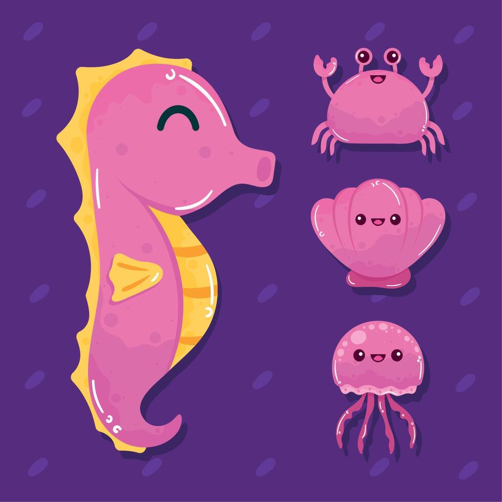 four cute sealife pink animals vector