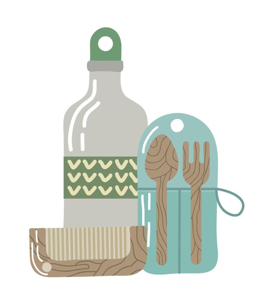 reusable bottle and utensils vector