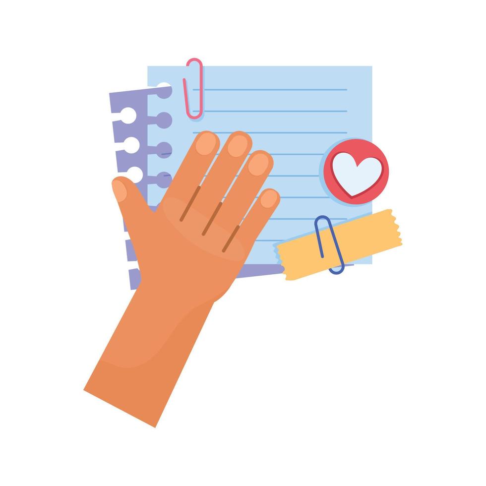 hand with sheets notebook vector