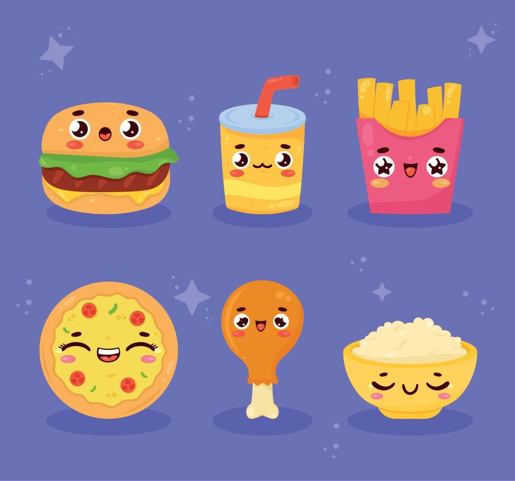 six kawaii food character vector