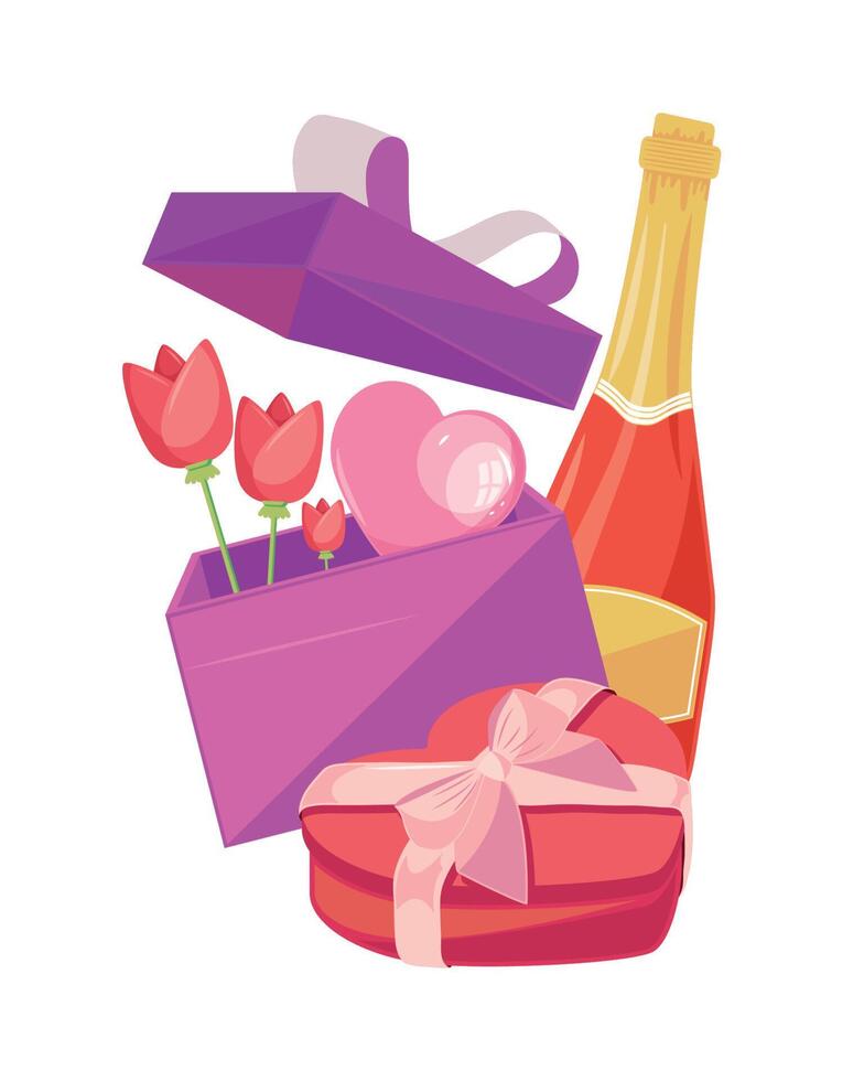 regalos de san valentin y champagne vector