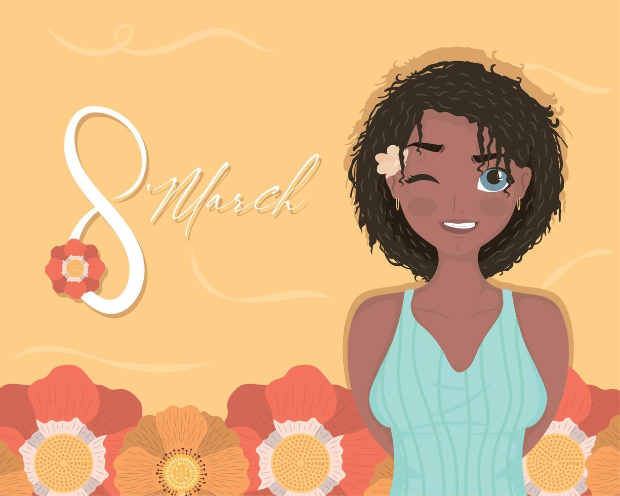 letras del día de la mujer y chica afro vector