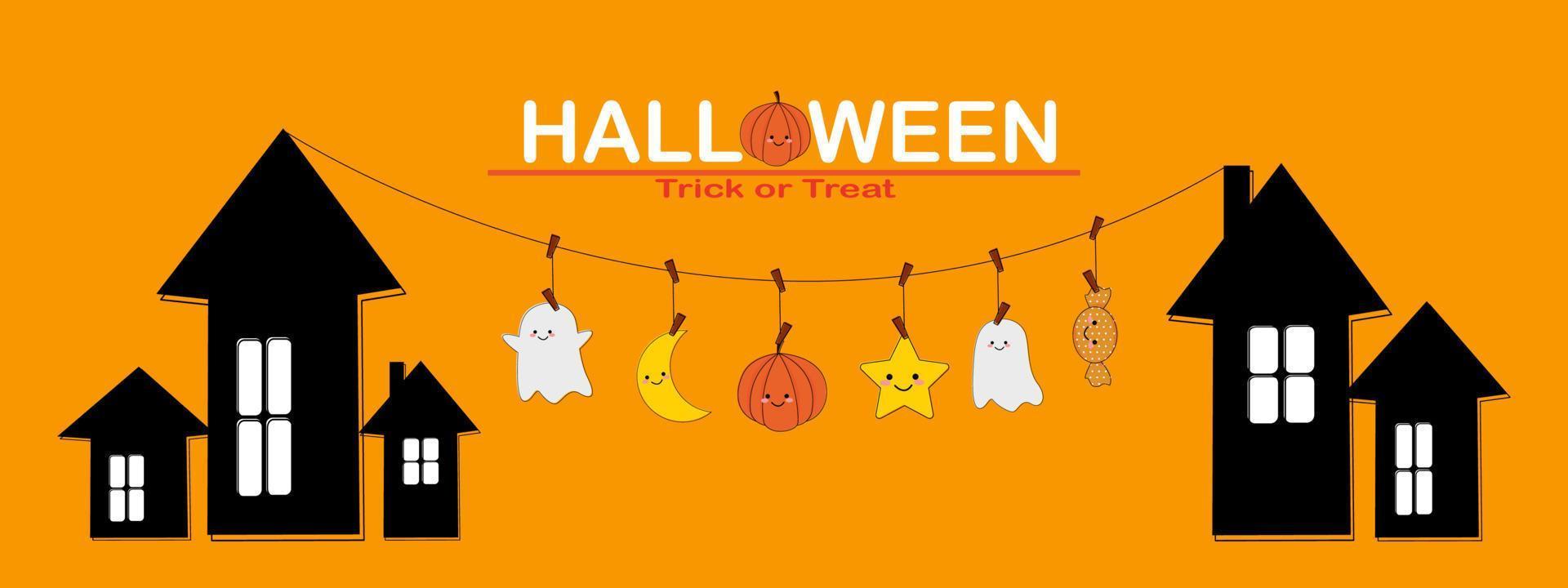 Happy Halloween banner or party invitation background. Halloween on orange background. Cute ghost pumpkin candy spider vector