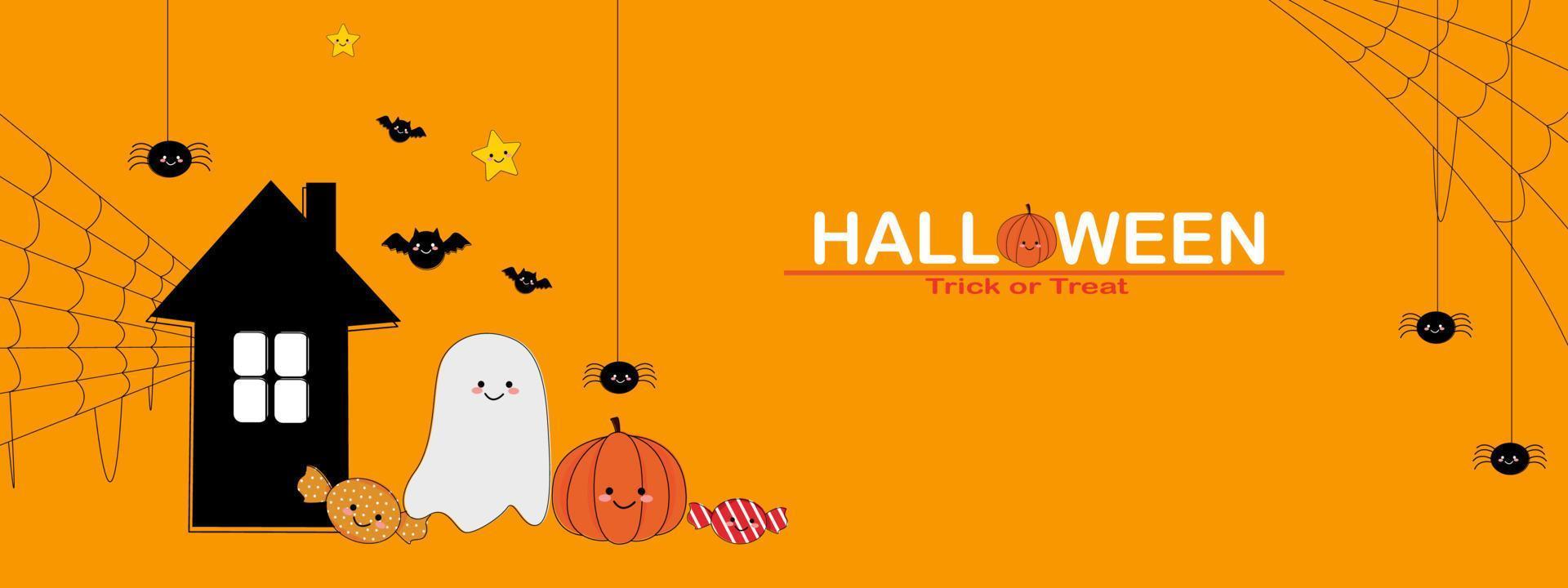 banner de feliz halloween o fondo de invitación de fiesta. halloween sobre fondo naranja. linda araña de caramelo de calabaza fantasma vector