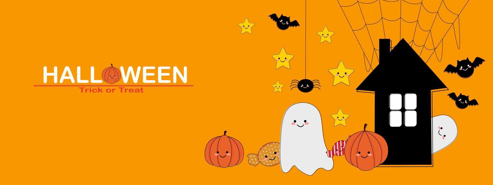 banner de feliz halloween o fondo de invitación de fiesta. halloween sobre fondo naranja. linda araña de caramelo de calabaza fantasma vector