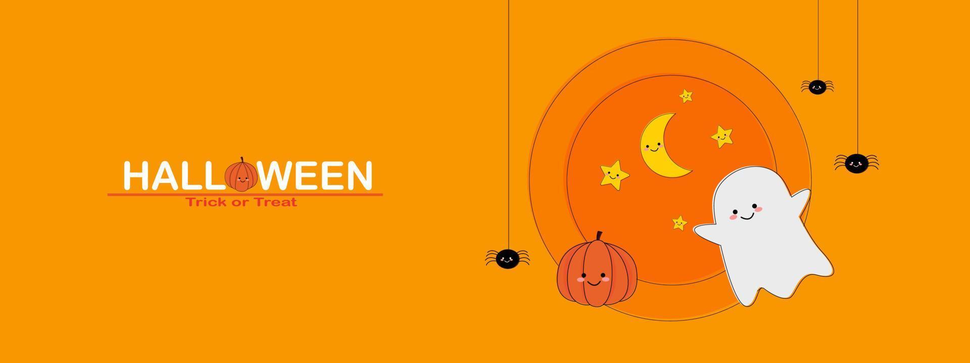 banner de feliz halloween o fondo de invitación de fiesta. halloween sobre fondo naranja. linda araña de caramelo de calabaza fantasma vector