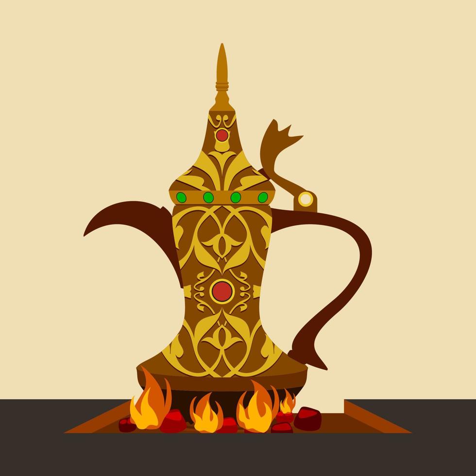 Editable Detailed Traditional Arabian Coffee Brewing with Patterned Antique Dallah Coffee Pot on Fire Vector Illustration for Cafe and Middle Eastern Culture Related Design