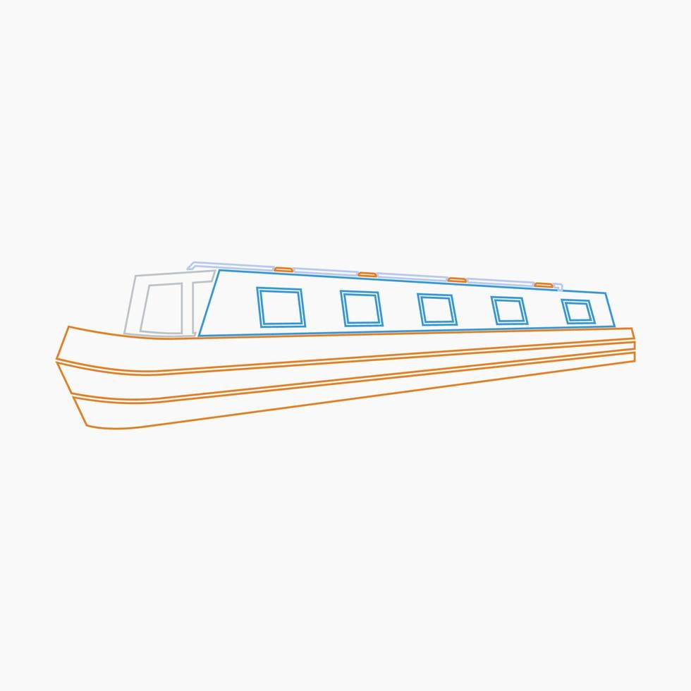 Editable Three-Quarter Oblique View Narrow Boat Vector Illustration in Outline Style for Artwork Element of Transportation or Recreation of United Kingdom or Europe Related Design