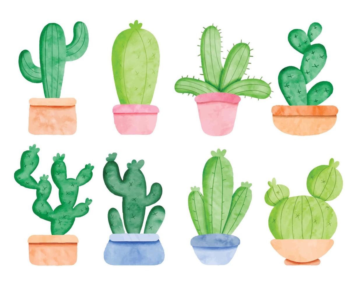 Set of various shaped watercolor cactus in pots vector