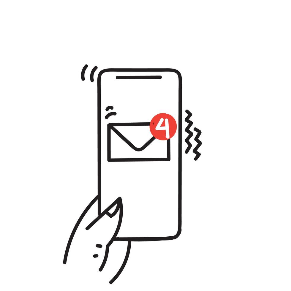 hand drawn doodle new message on smart phone illustration vector