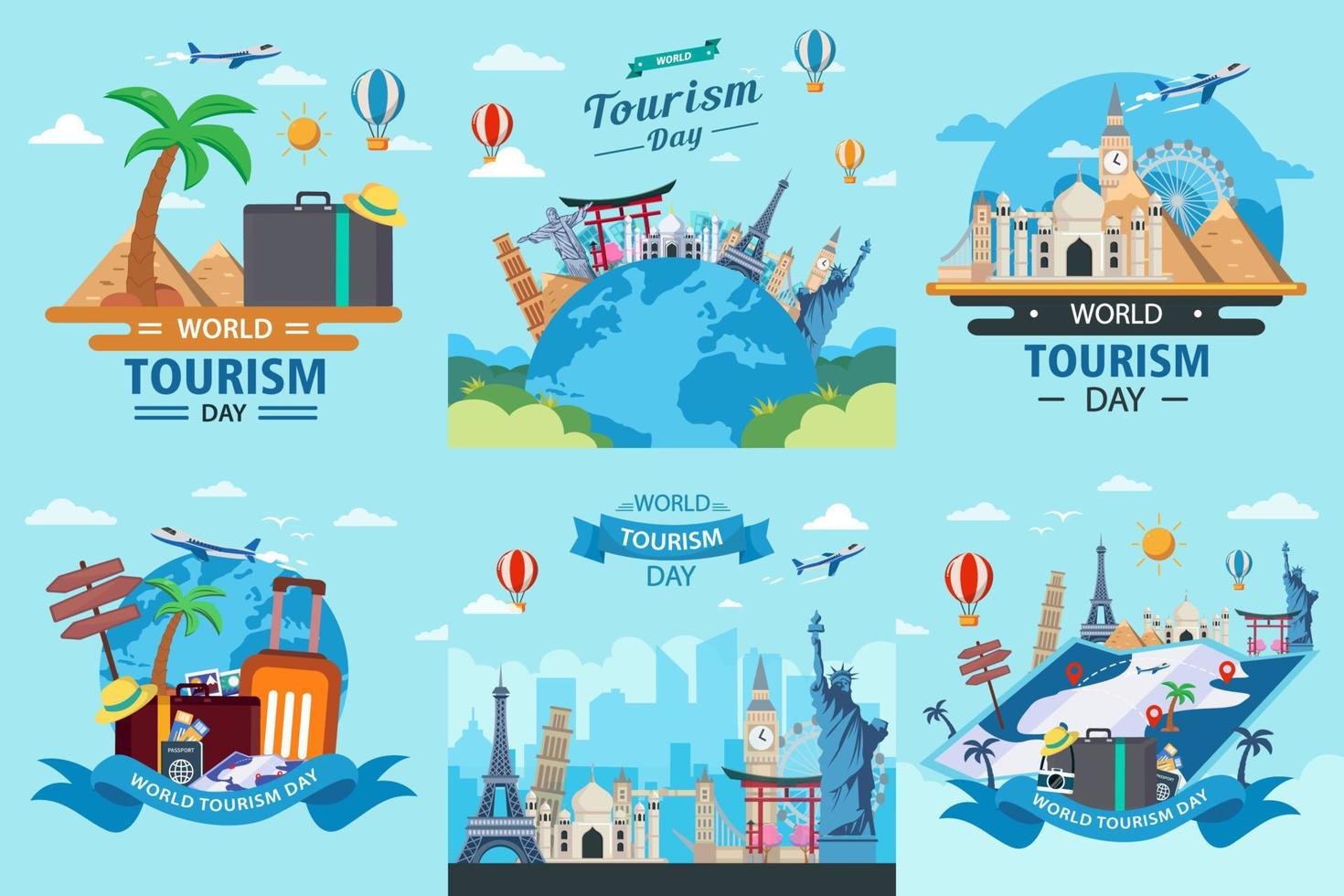 World Tourism Day. The inscription on the globe. Around the monuments of architecture. Flat vector illustration