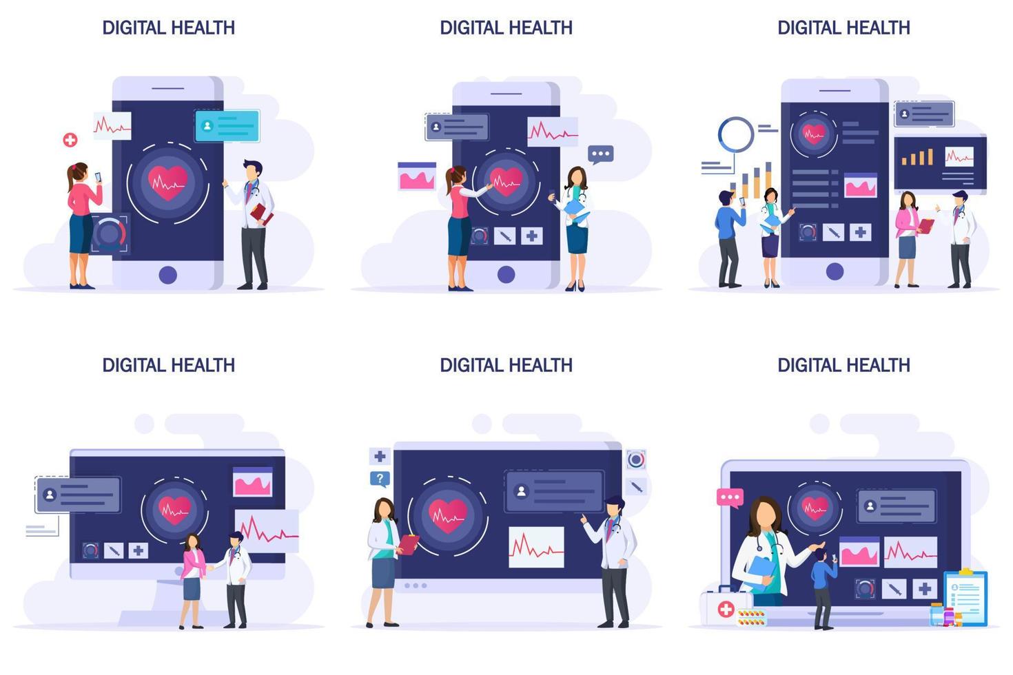 concepto de salud digital. el médico mira el gráfico electrónico del paciente en los aparatos electrónicos. concepto de atención médica. vector