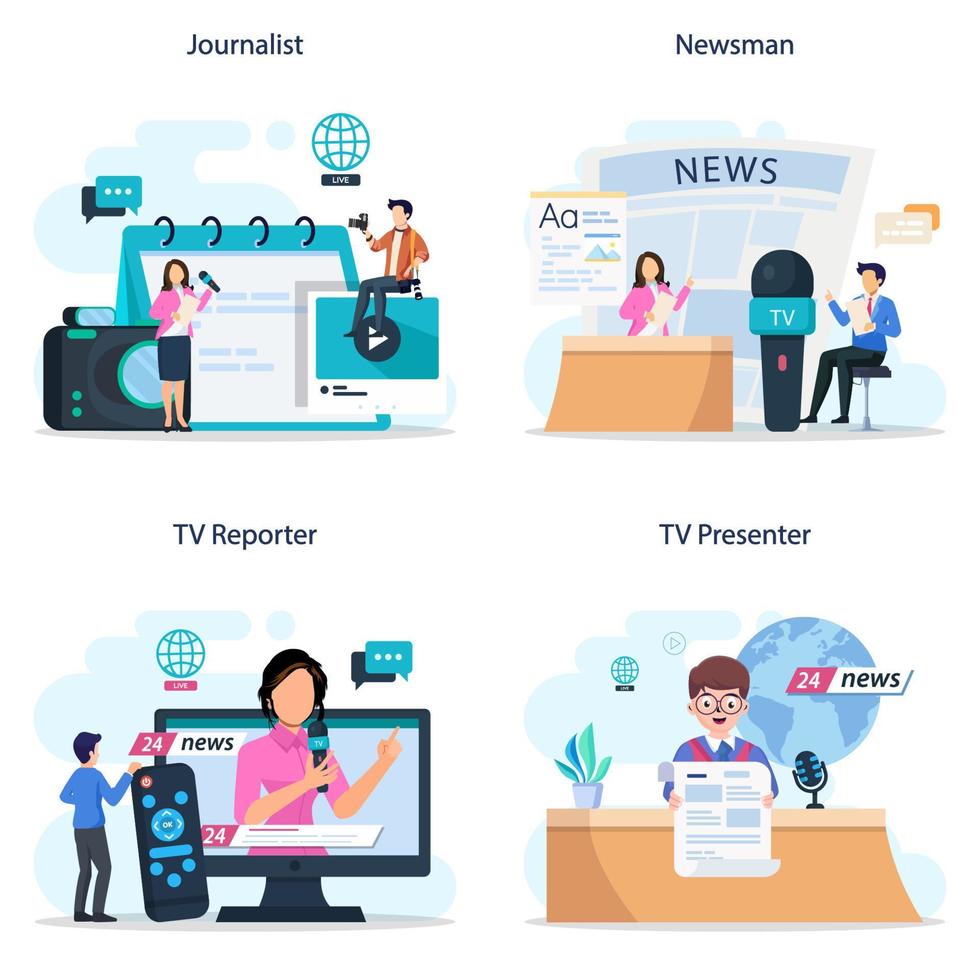 TV presenter concept. Television host in studio. Broadcaster speaking on camera, reporting news. Flat vector illustration