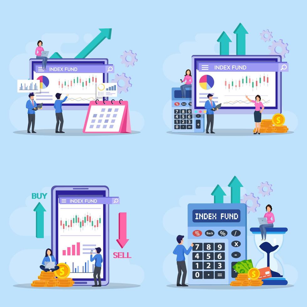 Index fund concept. business people analyzing a growth index fund graph vector illustration.