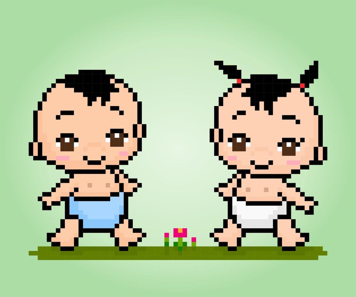 Pixel baby boy and girl is playing. Illustration of cute twin babies. vector