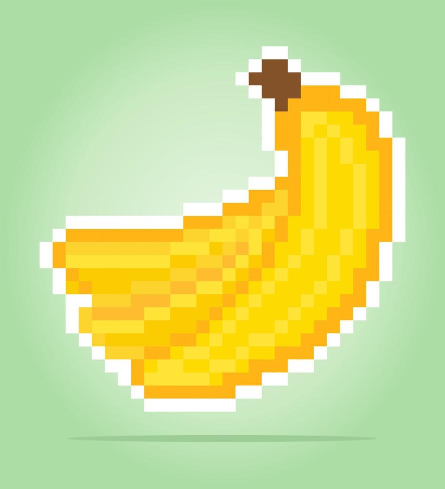 8 bit Pixel art banana. Fruit pixels for game assets in vector illustration.