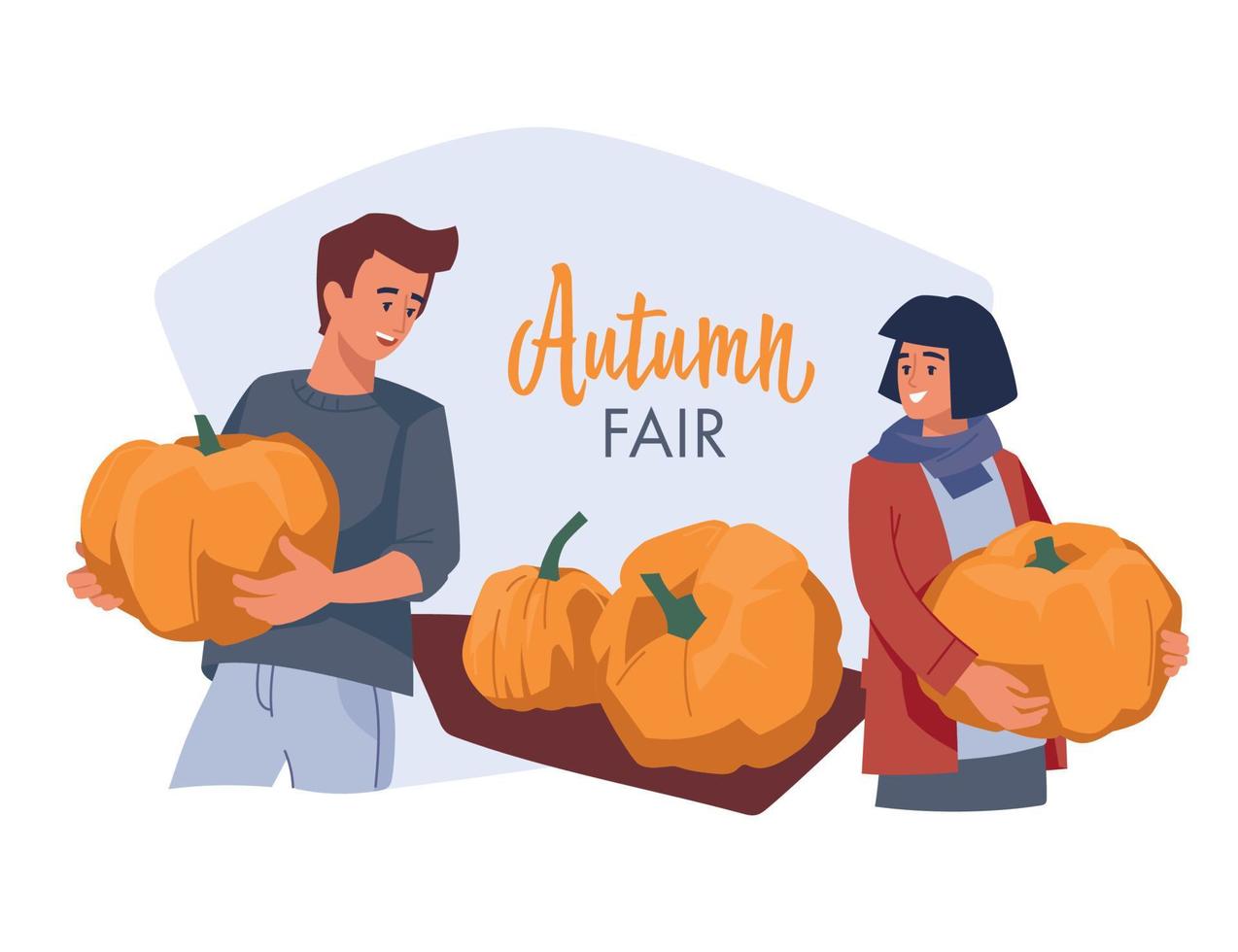 Autumn fair. Man and woman with pumpkins. Vector image.