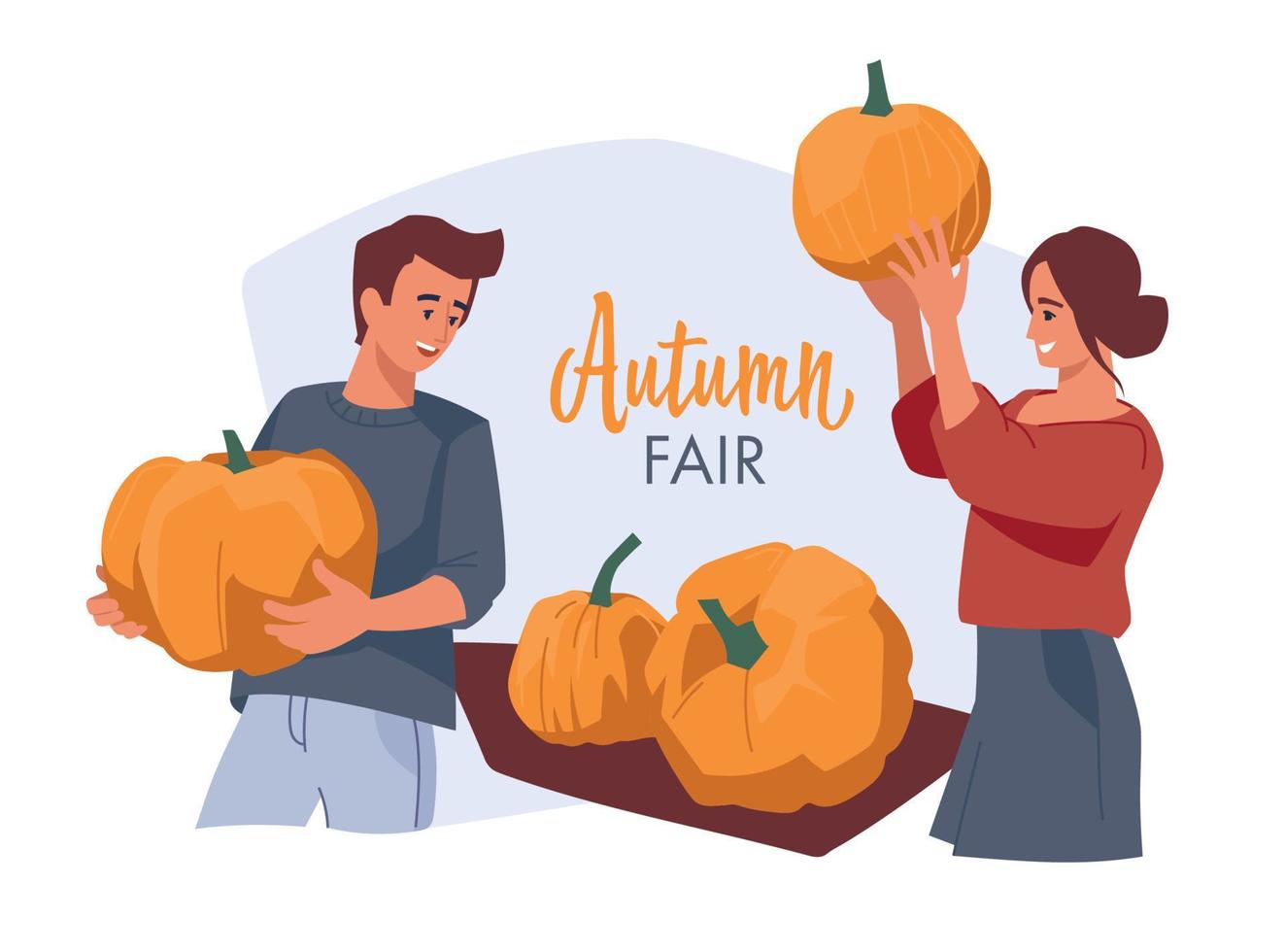 Autumn fair. Man and woman with pumpkins. Vector image.