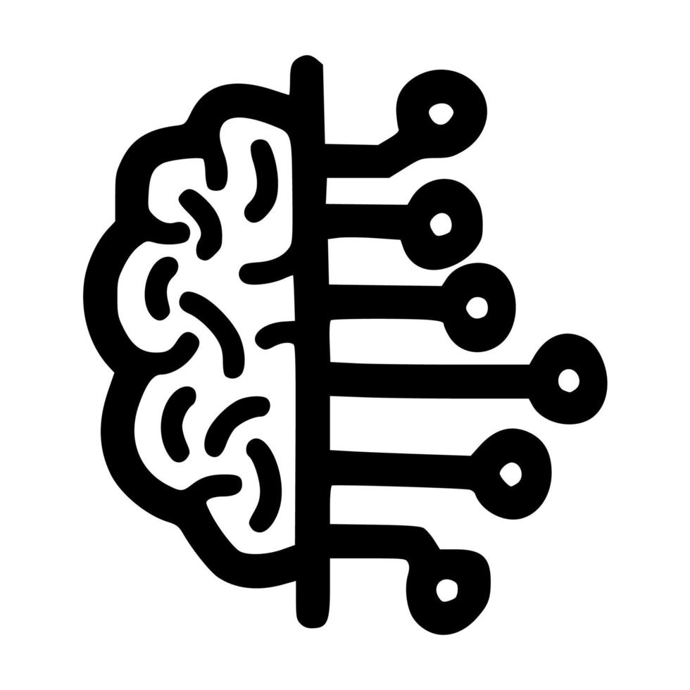 medio cerebro de inteligencia artificial con diseño de icono de ilustración de vector de línea de circuito de línea con estilo de dibujo a mano de garabato