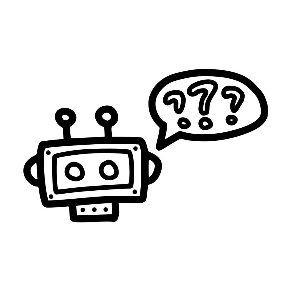 confused respond bot chat with three question marks in bubble lineart vector illustration icon design with doodle hand drawn style