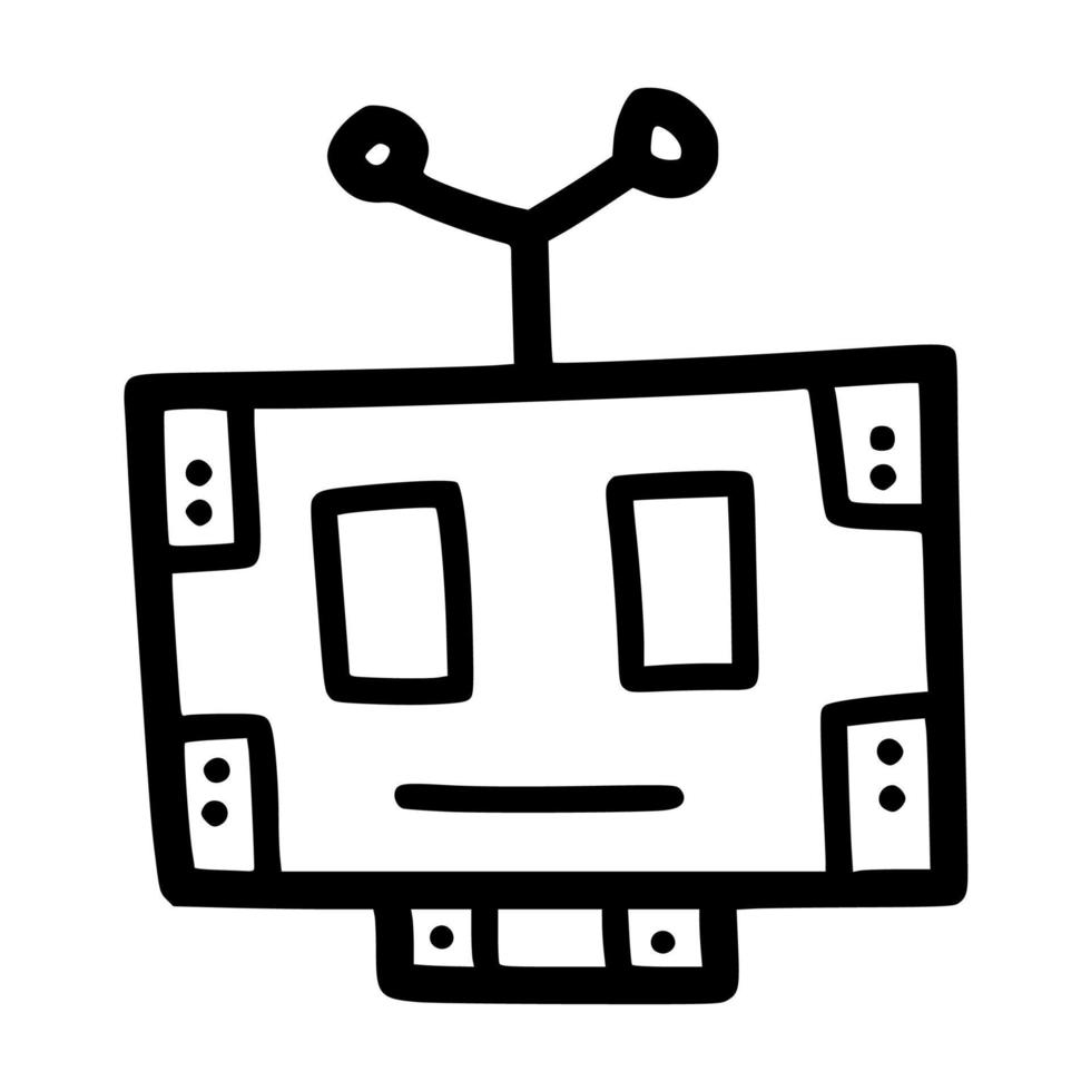 cabeza de robot cuadrada con diseño de icono de ilustración de vector de lineart de antena con estilo dibujado a mano de garabato