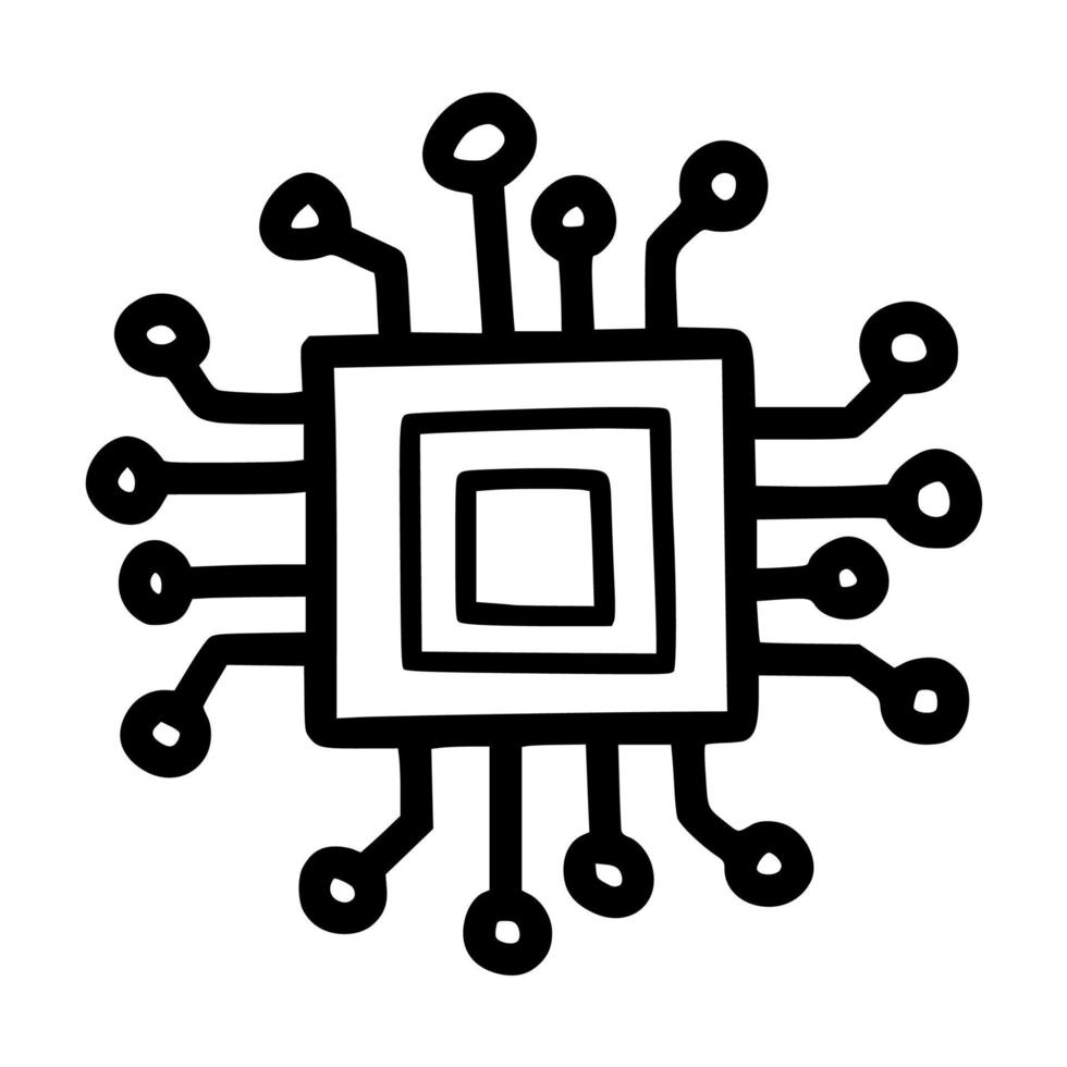 chipset o microchip con diseño de icono de ilustración de vector de lineart de circuito de línea con estilo de dibujo a mano de fideos