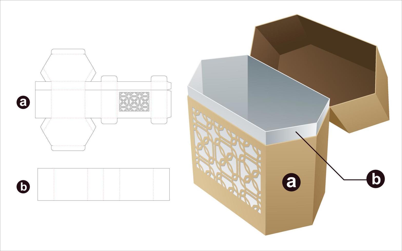 Empaque hexagonal estampado con tapa con plantilla troquelada insertada y maqueta 3d vector