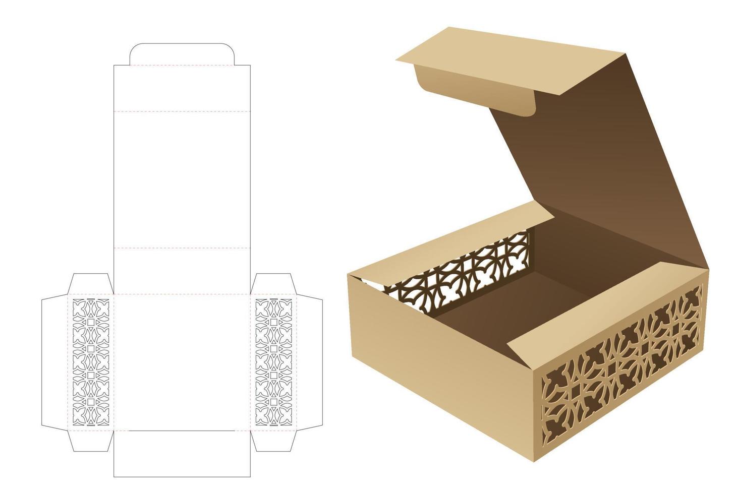 flip box with stenciled luxury windows die cut template and 3D mockup vector