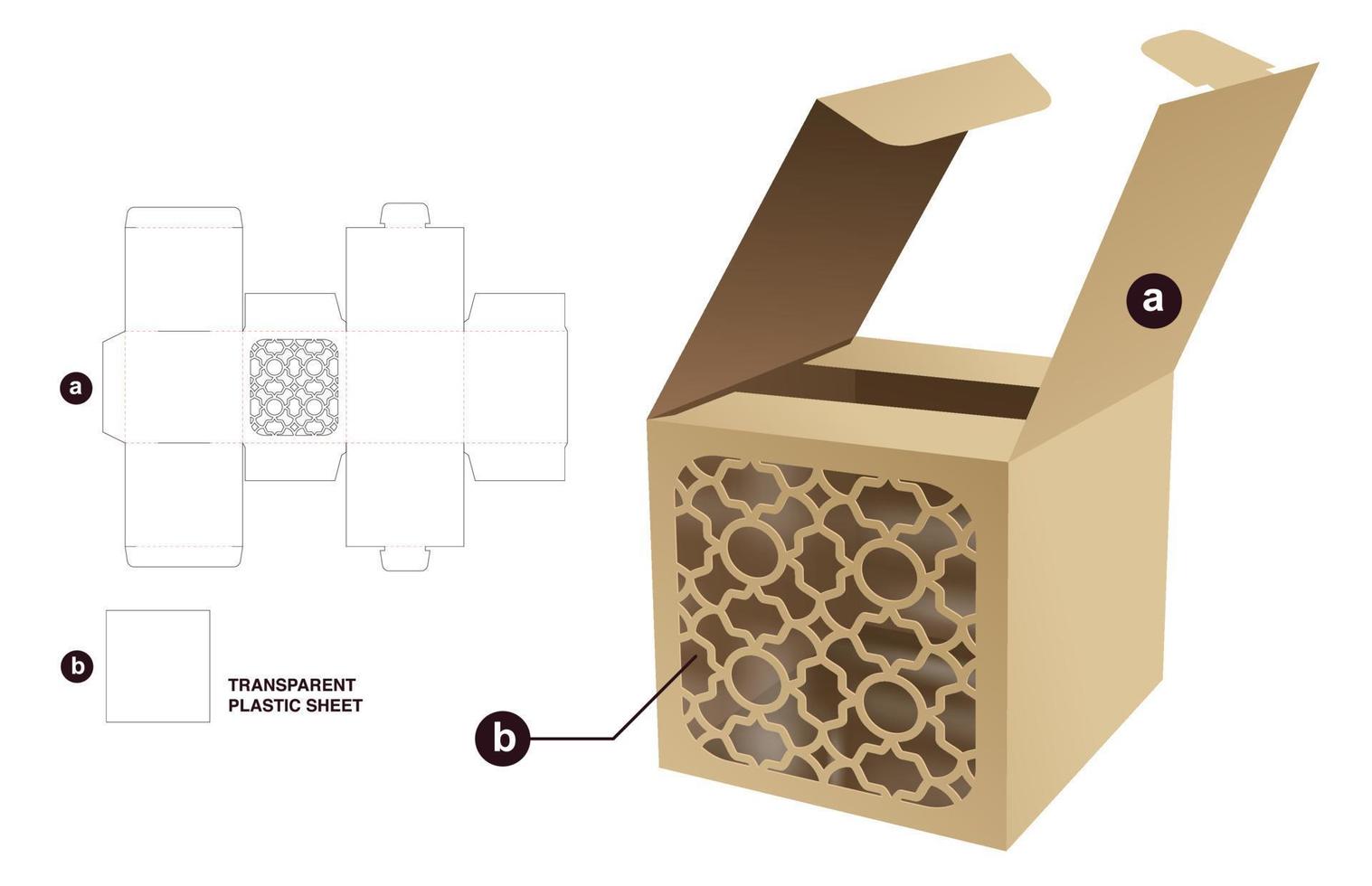 caja cuadrada abatible con ventana de patrón estarcido y plantilla troquelada de lámina de plástico transparente y maqueta 3d vector