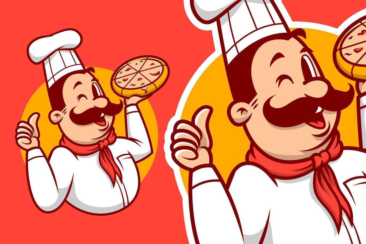 chef cocinero maestro con bigote dibujos animados mascota emblema logo vector