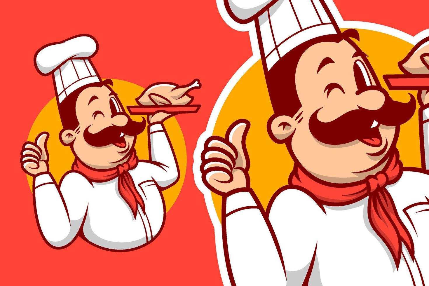 chef cocinero maestro con bigote dibujos animados mascota emblema logo vector