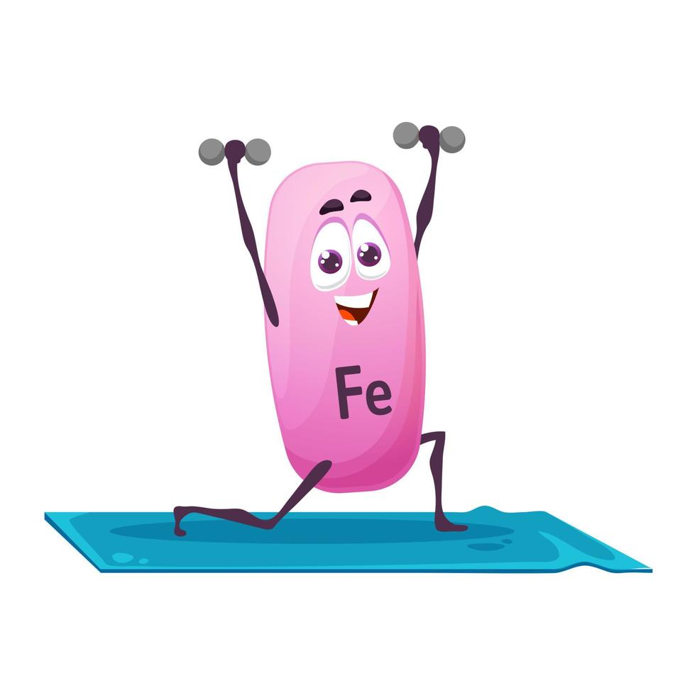 Cartoon Fe mineral character on yoga, ferrum, iron vector