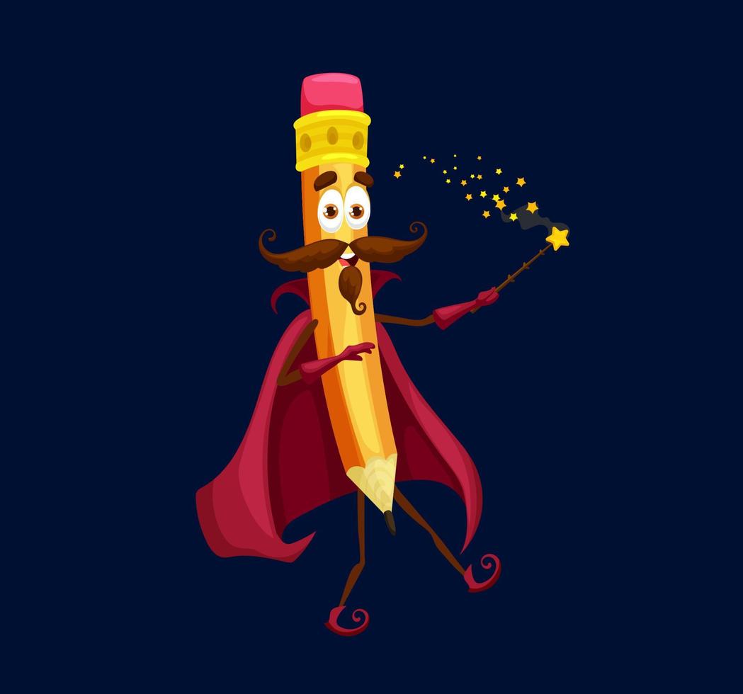 Cartoon school pencil wizard, warlock character vector