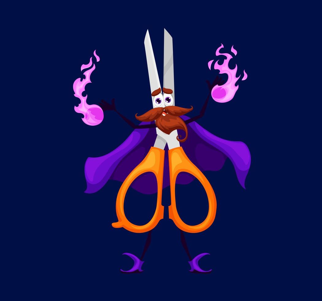 Cartoon school scissors wizard, sorcerer character vector